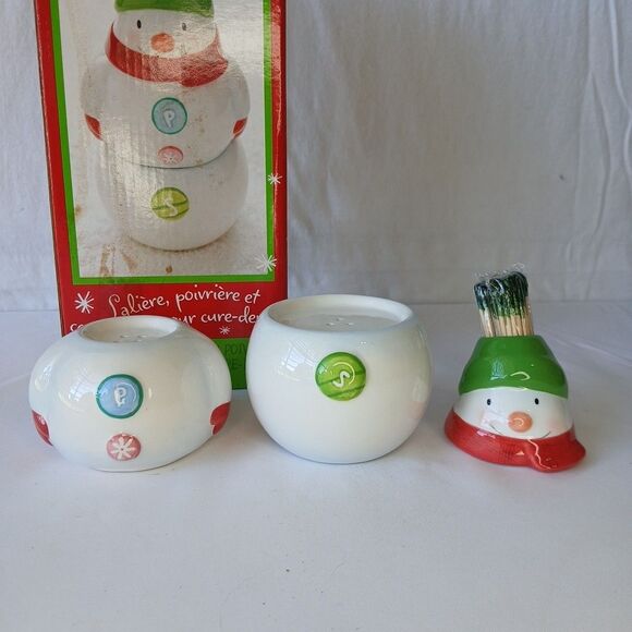 Hallmark Stackable Christmas Snowman Salt & Pepper Shakers Toothpick Holder NIB - Picture 2 of 6